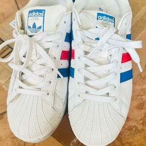 Adidas Kids White Sneakers with Blue and Red Accents